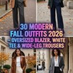 30 Modern Fall Outfits for Women 2026 – Oversized Blazer, White Tee & Wide-Leg Trousers for Timeless Style