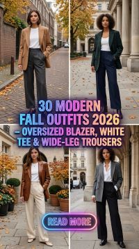 30 Modern Fall Outfits for Women 2026 – Oversized Blazer, White Tee & Wide-Leg Trousers for Timeless Style